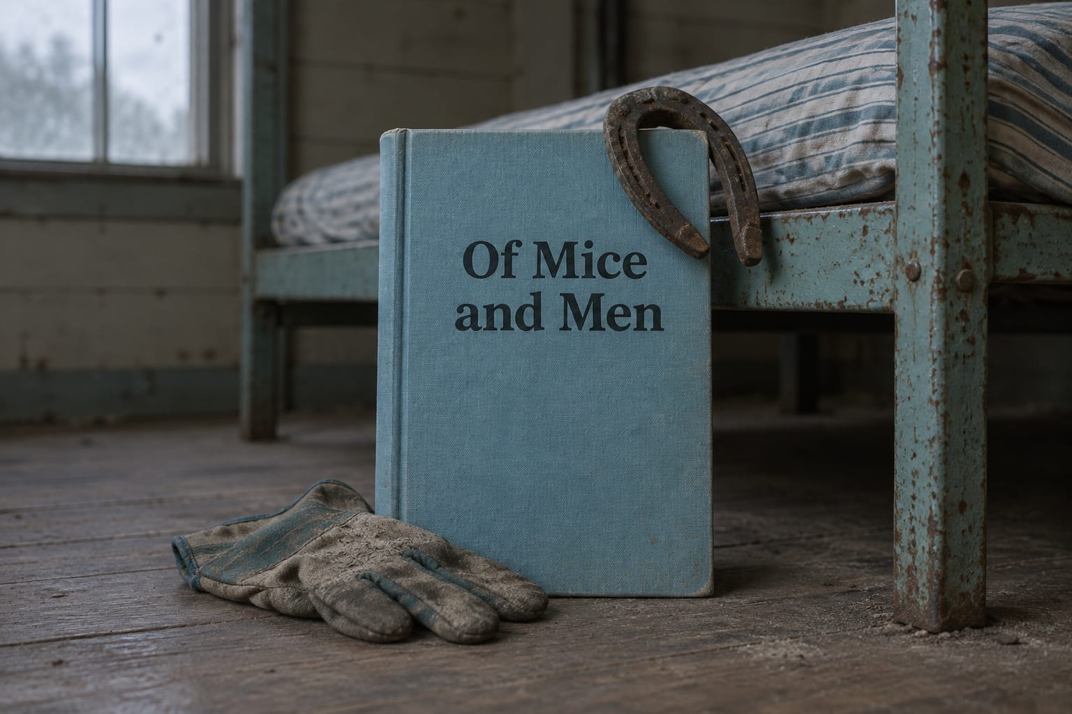 An unread copy of Of Mice and Men in a sunny everyday scene